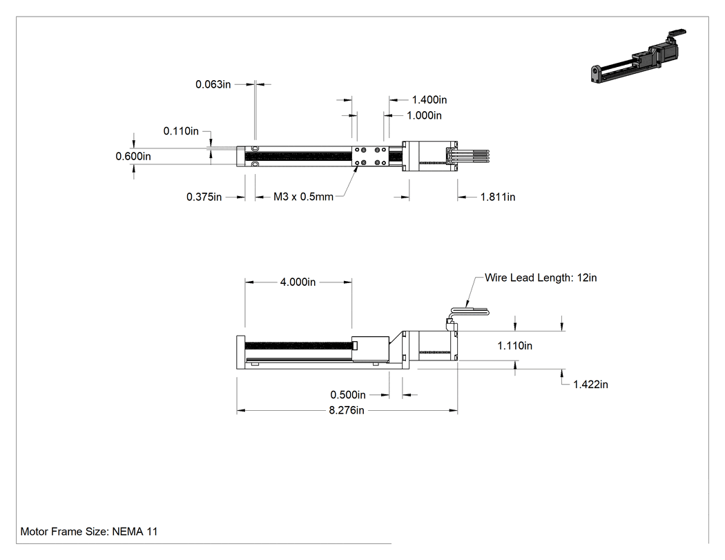 Teknik Çizim - Konumlandırma Kaydırmalı Step Motor, 4" Strok Uzunluğu, 1.4 inç/sn Maksimum Hız