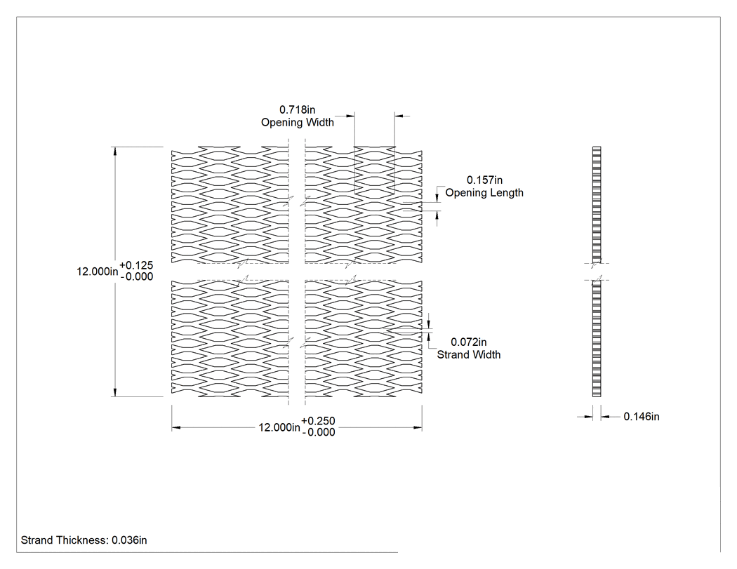 Teknik Çizim - Karbon Çelik Genişletilmiş Panel, Yükseltilmiş, 12" x 12" x 0.146"