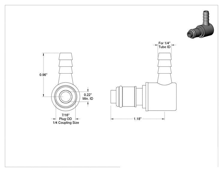 Teknik Çizim - Yiyecek ve İçecek için Hızlı Bağlantı Boru Bağlantısı, Kapatma Valfli Dirsek Tapa, 1/4 Kaplin, 1/4" Çıkıntılı Boru için