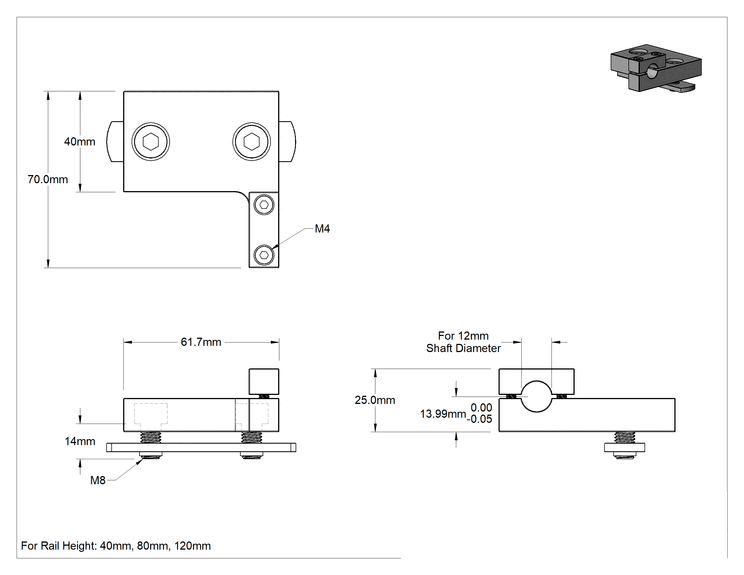 Teknik Çizim - T-Yivli Çerçeveleme için Mil Desteği, Ofset, 40 mm Yüksekliğinde Tek Ray ve 12 mm Mil Çapı için