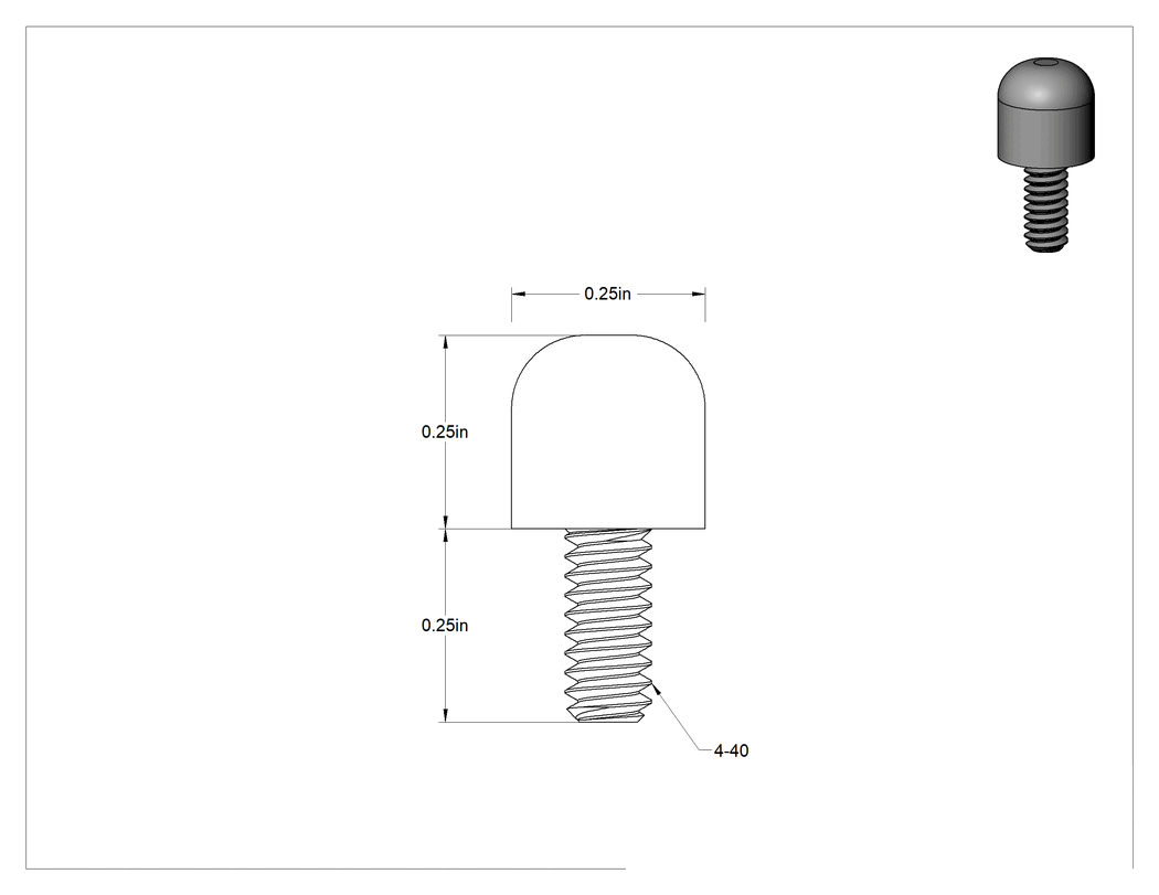 Teknik Çizim - SBR Kauçuk Dişli Saplamalı Tamponlar, 4-40 Diş Boyutu, 1/4" Diş Uzunluğu, 1/4" Dış Çap, Durometre 40A