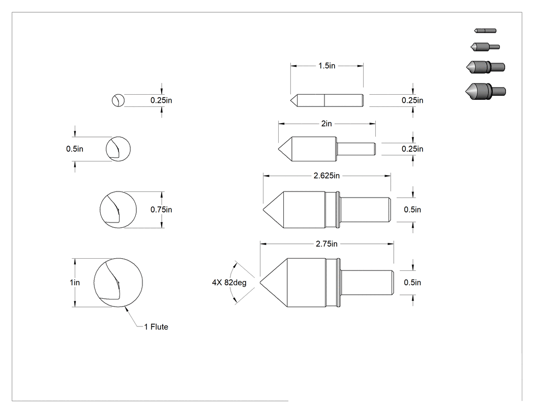 Teknik Çizim - Titanyum Nitrür Kaplı Yüksek Hızlı Çelik Havşa, 4 Parça Set, 1 Yiv, 82 Derece Açı