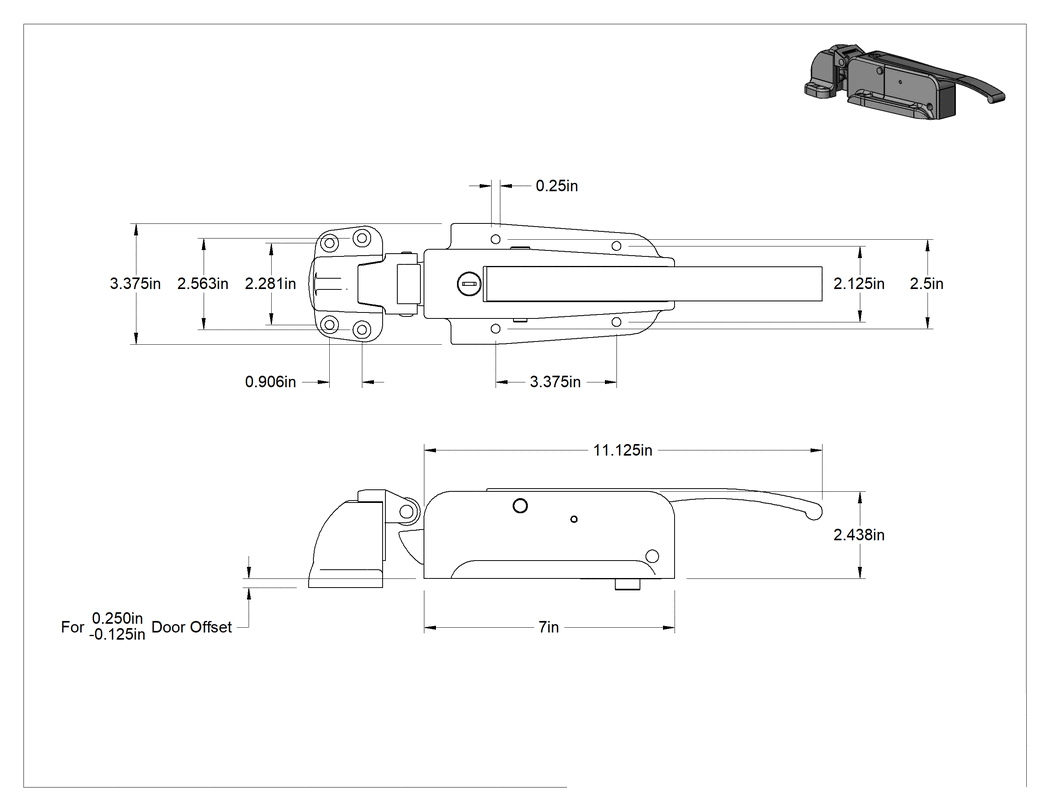 Teknik Çizim - Kollu Anahtarlı İt-Kapat Kilitli Mandallar, İt-Kapat Tipi Anahtarlı Kilit Mandalı, -1/8" ila 1/4" Kapı Ofseti için