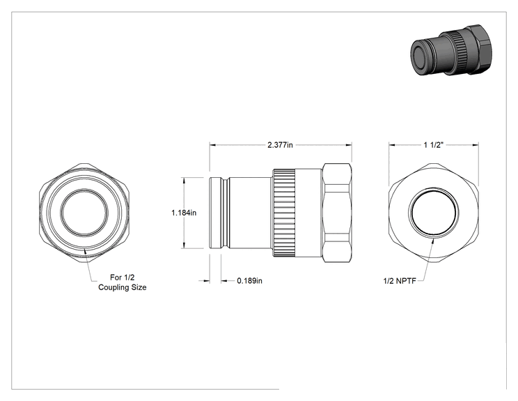 Teknik Çizim - Yüksek Basınçlı Minimum Sızıntılı Hızlı Ayrılabilir Hortum Bağlantısı, 1/2 numaralı, Çinko Kaplamalı Çelik Tıkaç, 1/2 NPTF Dişi Uç