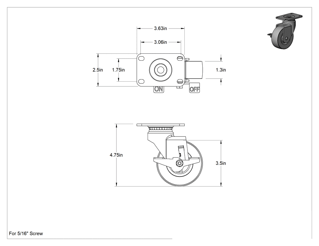 Teknik Çizim - Cart-King Tekerlek, Frenli ve 3-1/2" Tread-on-Core 75A Kauçuk Tekerlekli Döner Tekerlek