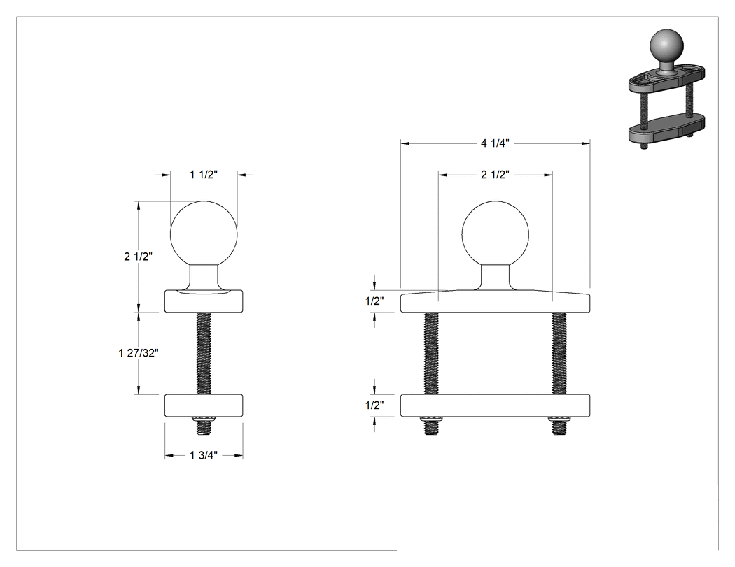 Teknik Çizim - 2.5" Yüksekliğinde Dikdörtgen Çubuk Montajlı Kelepçeli Taban, Konumlandırma Kolu için