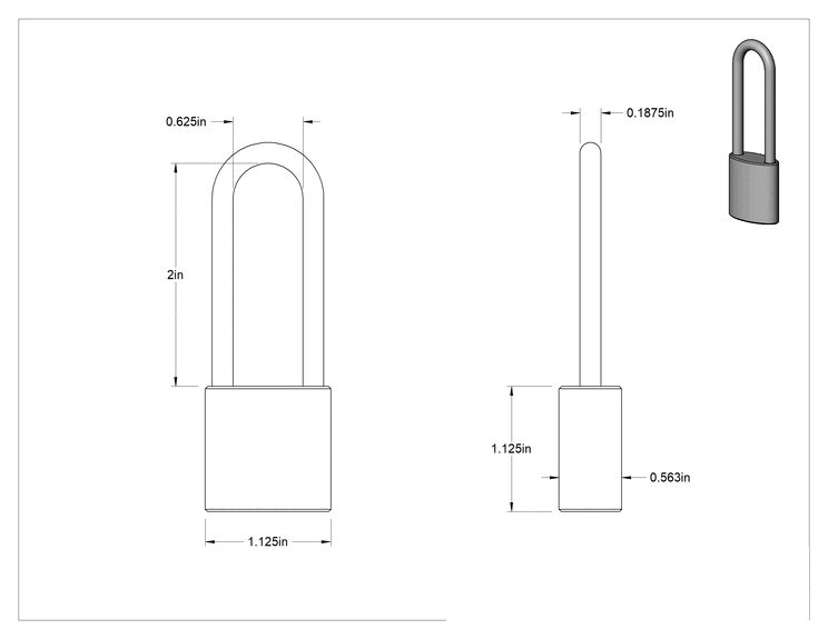 Teknik Çizim - Katı Pirinç Gövdeli Hava Koşullarına Dayanıklı Asma Kilit, Aynı Anahtarlı, 2" Dikey ve 5/8" Yatay Boşluk