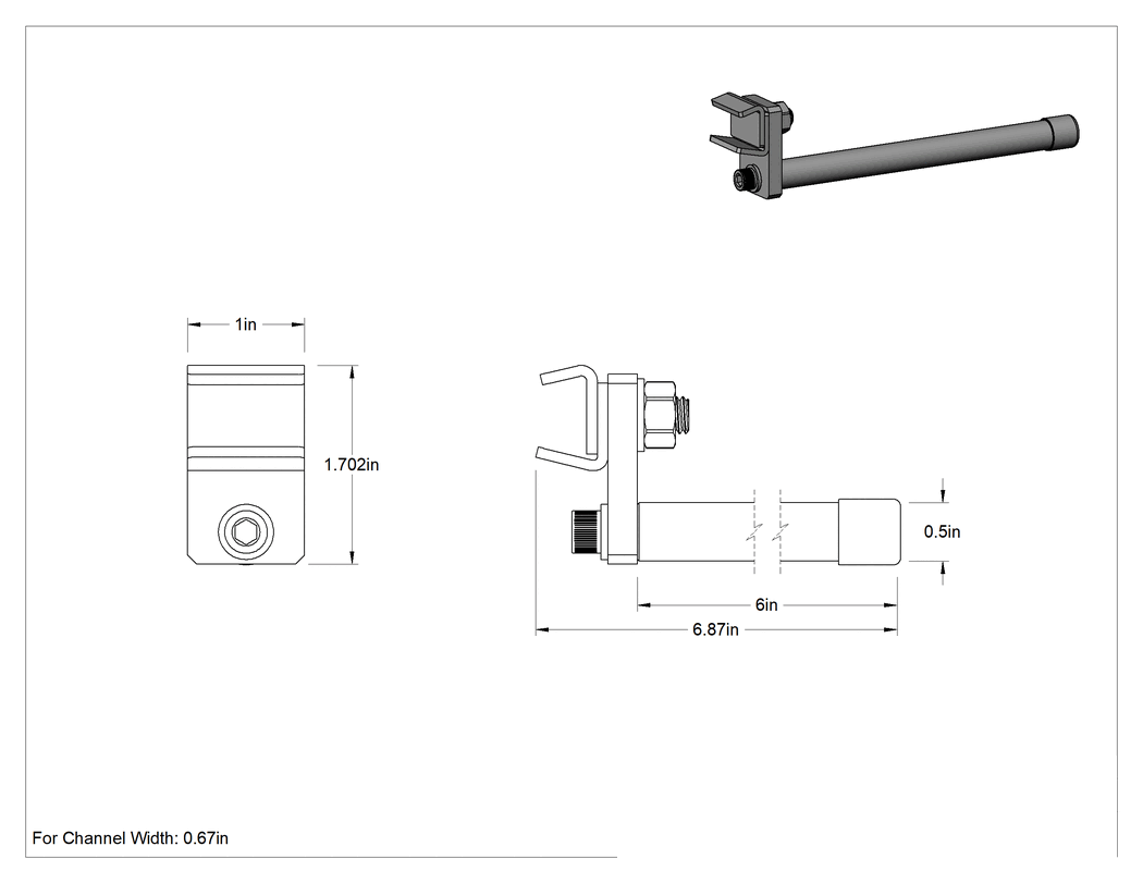 Teknik Çizim - Konveyör Kılavuzu için Alüminyum Kelepçeli 6" Uzunlukta Katı Montaj Çubuğu