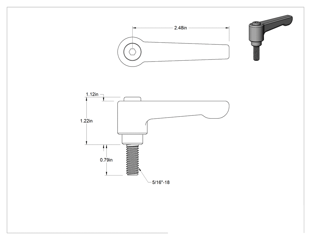 Teknik Çizim - Düşük Profilli Ayarlanabilir Tutamak, 5/16"-18 dişli 3/4" uzunluğunda saplama, Siyah Naylon