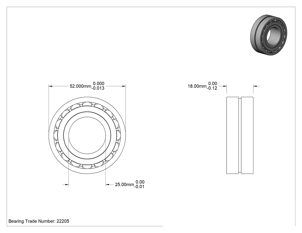 Teknik Çizim - Küresel Masuralı Rulman, Anma Numarası, 22205, 25 mm Mil Çapı için