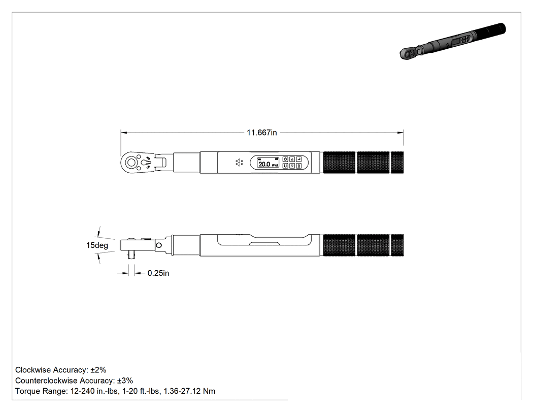 Teknik Çizim - Tork ve Açı Ölçüm Anahtarı, Veri Kaydı, 1/4" Kare Tahrik, 11-5/8" Toplam Uzunluk