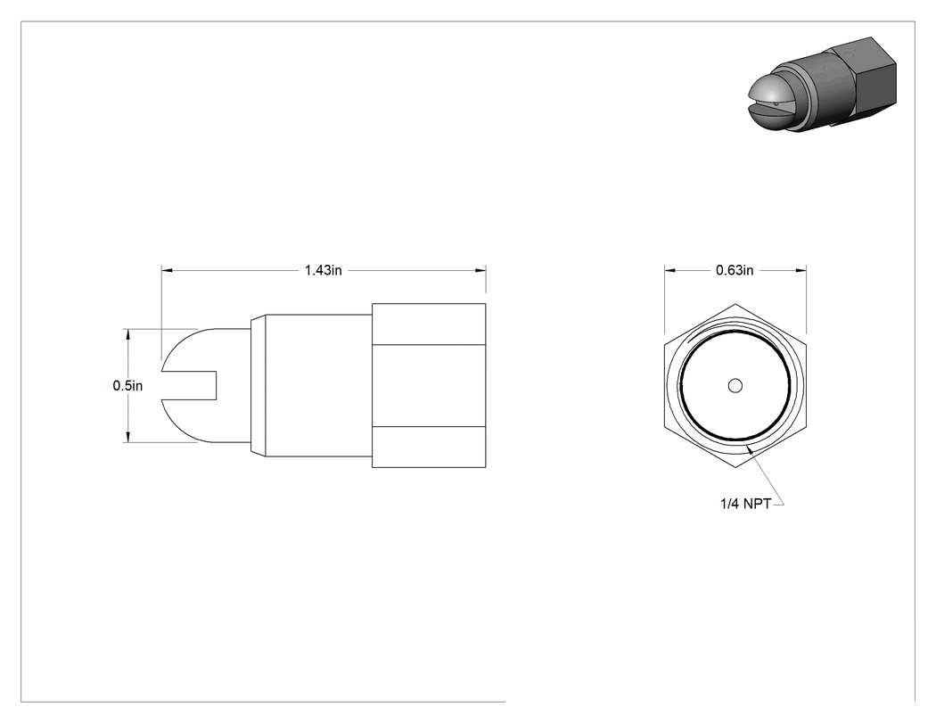 Teknik Çizim - Hava Nozulu, 1/4 NPT Dişi Giriş, 18-8 Paslanmaz Çelik, 21 CFM @ 100 PSI