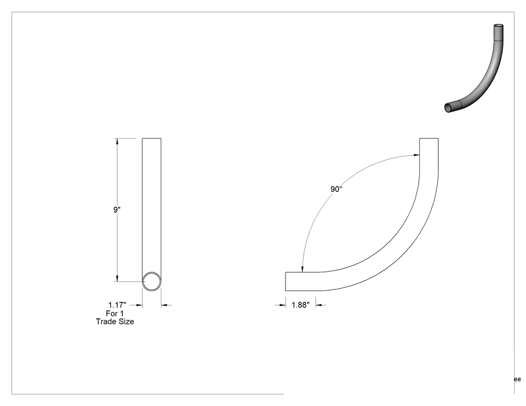 Teknik Çizim - 1 Standart Boyutlu Erkek Galvanizli Çelik 90 Derece Dirsek, İnce Cidarlı (EMT) Çelik Kanal için