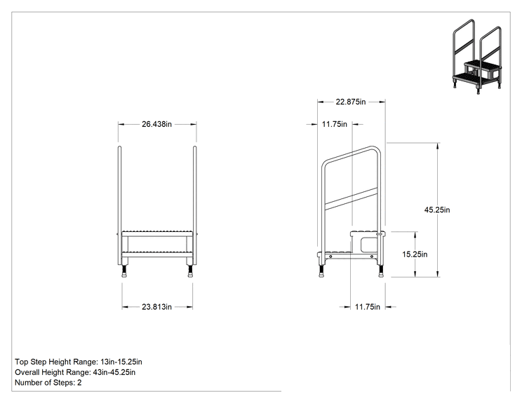 Teknik Çizim - Yüksekliği Ayarlanabilir Çalışma Platformu, 2 Basamak ve Korkuluk, 43"-45.25" Yükseklik x 27" Genişlik x 23" Derinlik Toplam