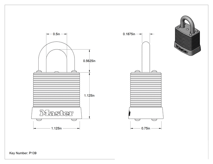 Teknik Çizim - Lamine Çelik Gövdeli Asma Kilit, Master Lock 7, P139 Anahtarı ile Aynı Anahtarlı