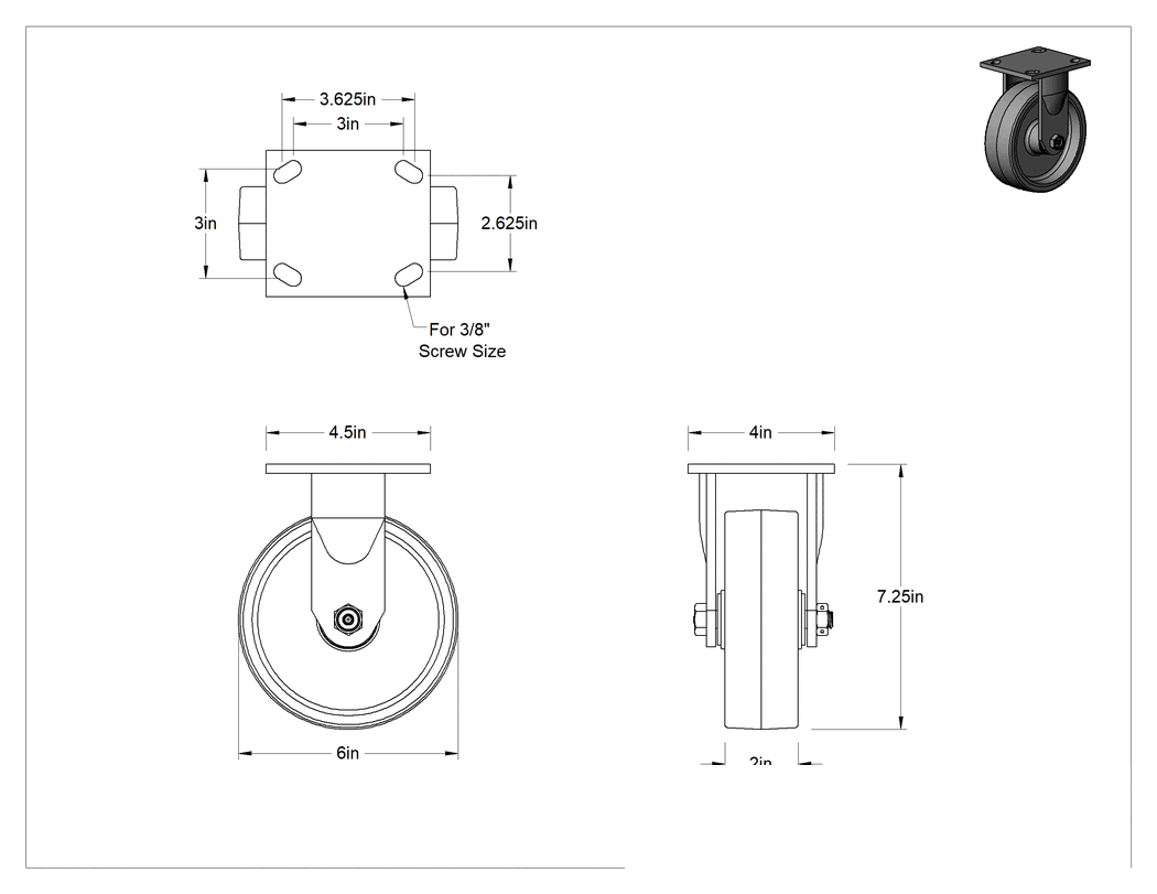 Teknik Çizim - 4-1/2" x 4" Plakalı Yüksek Kapasiteli Spartan Tekerlek, 6 inç Çapında Korumalı Rulmanlı Poliüretan Tekerlekli Sert