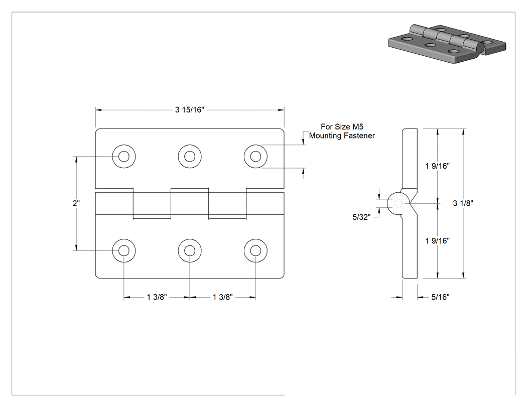 Teknik Çizim - Temiz Oda Menteşesi, Delikli, PVC Plastik, 3-15/16" x 1-9/16" Kapı Kanadı