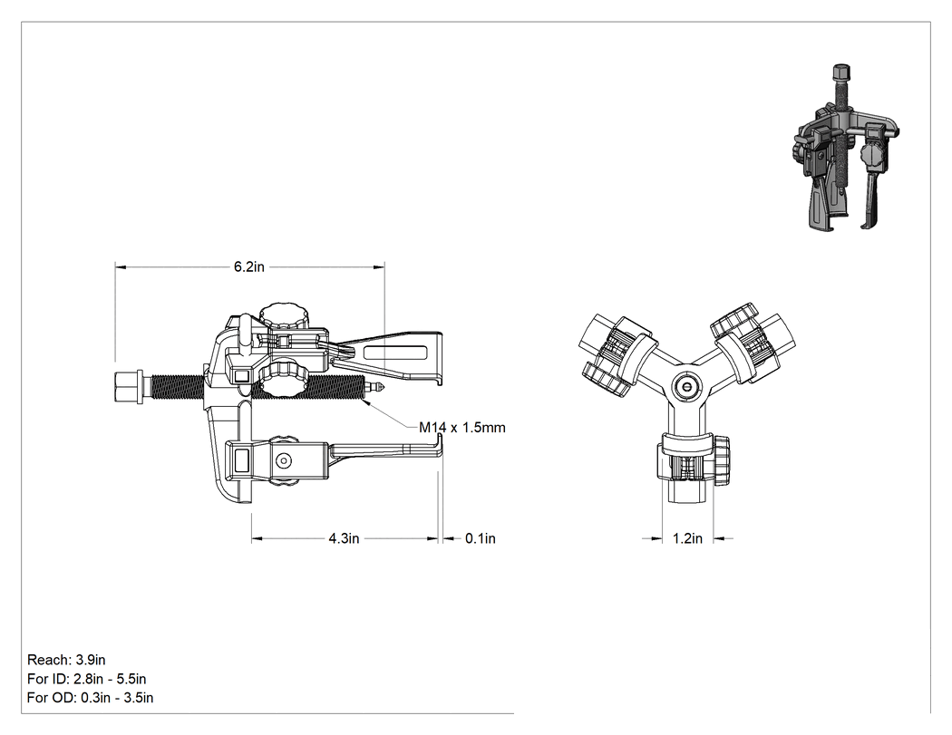 Teknik Çizim - Çift Yönlü Çeneli Dış/İç Kavrama Çekici, Dar Profil Çubuk Kontrolü, 3 Çene, 2-3/4"-5-1/2" iç çap için