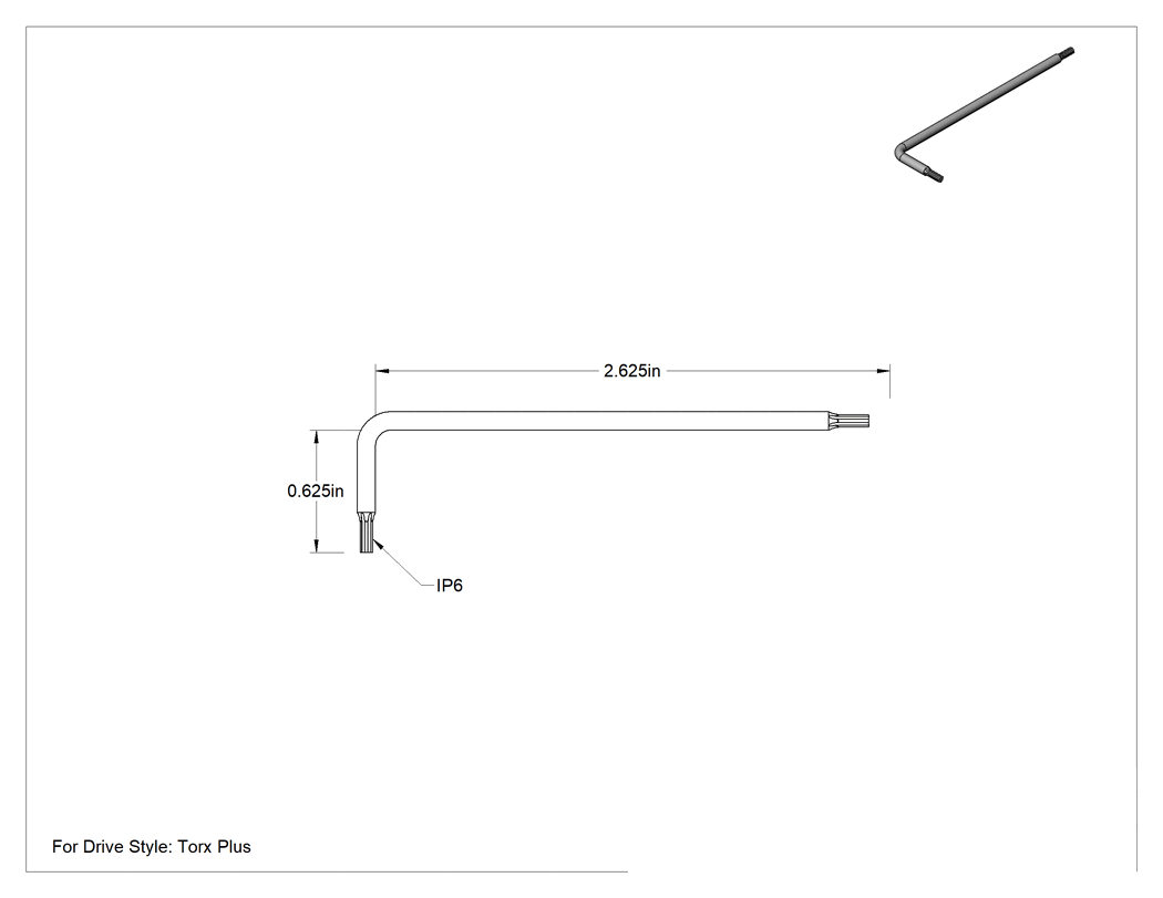 Teknik Çizim - Siyah Oksit Alaşımlı Çelik Torx Plus L Anahtarı, IP6 Tahrik Boyutu, 2-3/4" Toplam Uzunluk