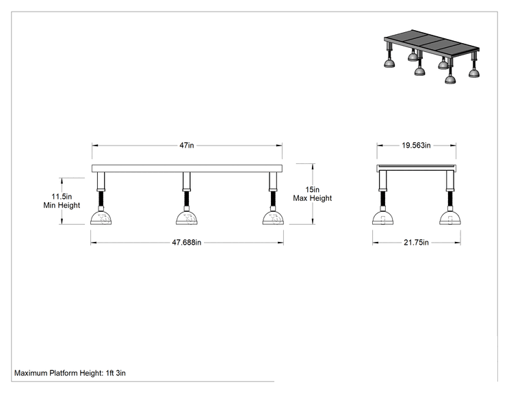 Teknik Çizim - Yuvarlanan Çalışma Platformu, Sarı Toz Boyalı Çelik, 11.5 inç ila 15 inç Yükseklik x 48 inç Toplam Genişlik