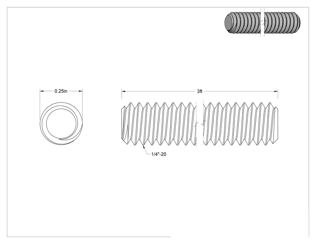Teknik Çizim - 18-8 Paslanmaz Çelik Sol Gijon, 1/4"-20 Diş Boyutu, 3 Fit Uzunluk