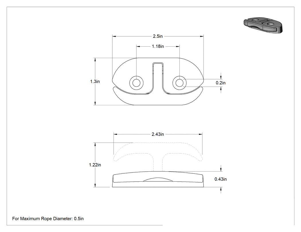 Teknik Çizim - Sarmalı Halat Kelepçesi, 1/2" Çaplı Halat, 316 Paslanmaz Çelik, 2-1/2" Uzunluk, 1-3/8" Toplam Yükseklik