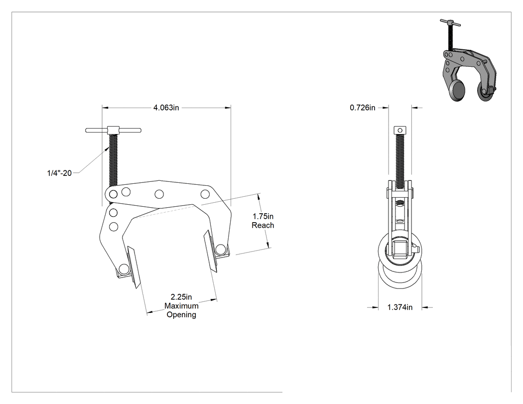 Teknik Çizim - Bükülmeyen C-Kelepçesi, Çizilmez, 0" ila 2-1/4" Açıklık