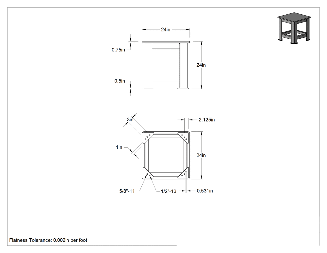 Teknik Çizim - Ultra Düz Ekstra Ağır Hizmet Masası, Düşük Profilli, 24" Genişlik x 24" Derinlik