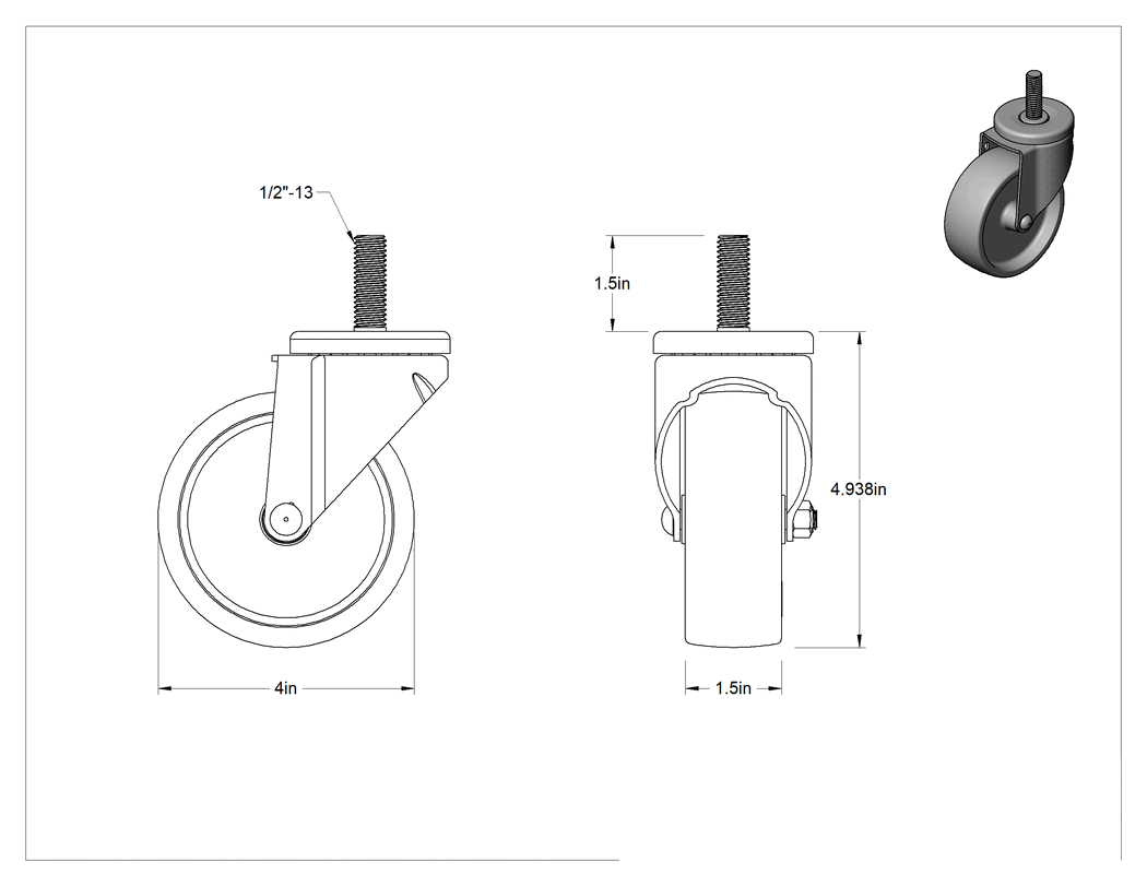 Teknik Çizim - Dişli Saplı Tekerlek, 4" Çapında Naylon Tekerlekli