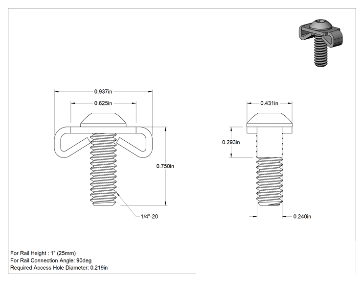 Teknik Çizim - 1" ve 25 mm Yüksekliğinde Raylı T, -Yivli Çerçeveleme için Gizli Konektör