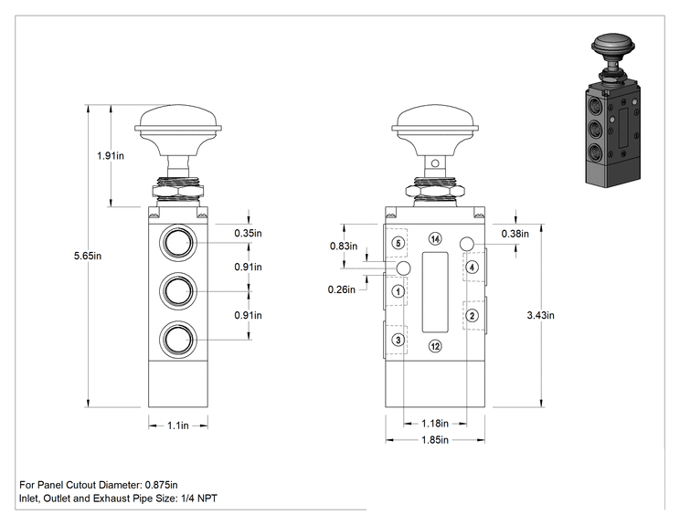 Teknik Çizim - Hava Yön Kontrol Vanası, Yaylı Geri Dönüş Çalıştırma, 1/4 NPT, 32.5 scfm