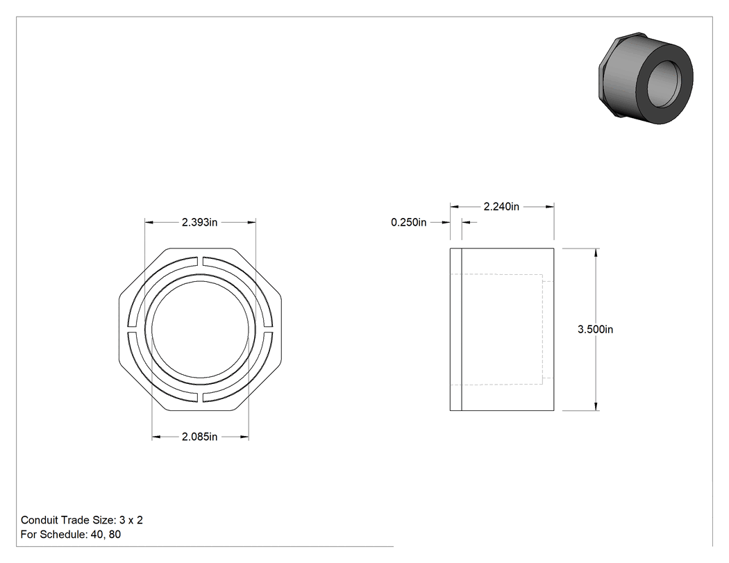 Teknik Çizim - Sert PVC Kanal için 3 Erkek x 2 Dişi Anma Ölçüsü Redüksiyon Adaptörü
