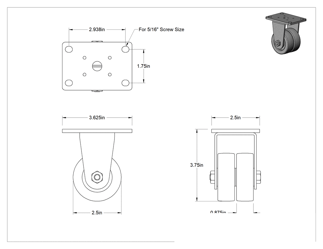 Teknik Çizim - Cart-King Tekerlek, 2-1/2" Çapında 80A Durometre Neopren Kauçuk Tekerlekli Sert