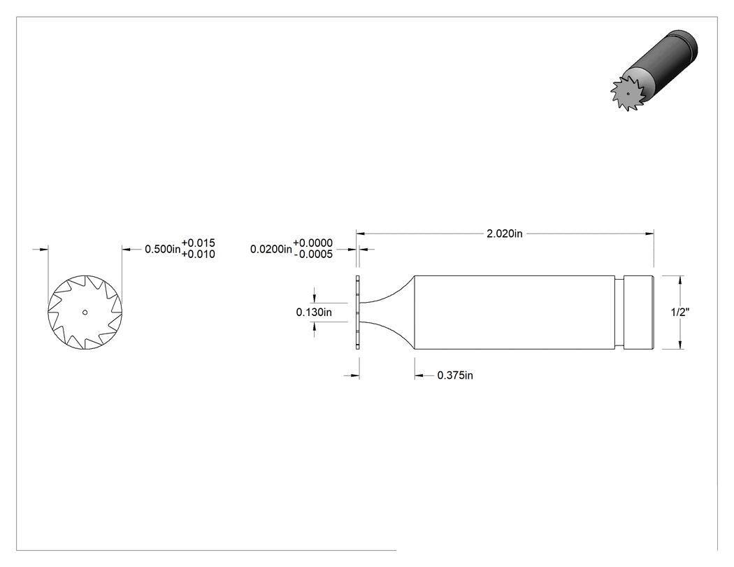 Teknik Çizim - Anahtar Yuvası Uçlu Freze, Yüksek Hızlı Çelik, 1/2" Çap x 0.020" Kalınlıkta Freze