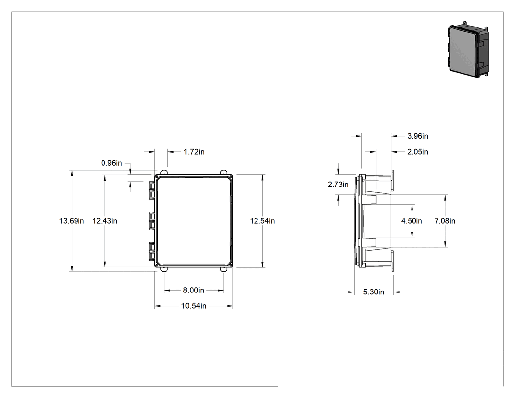 Teknik Çizim - Versa-Panel Polikarbonat Muhafaza, Su Geçirmez, Vidalı Menteşe Kapağı, 11" x 13" x 5.5", Gri