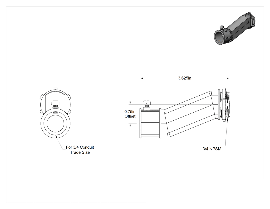 Teknik Çizim - 3/4 Dişi x NPSM Erkek İnce Cidarlı (EMT) Çelik Kanal için Ofset Adaptör