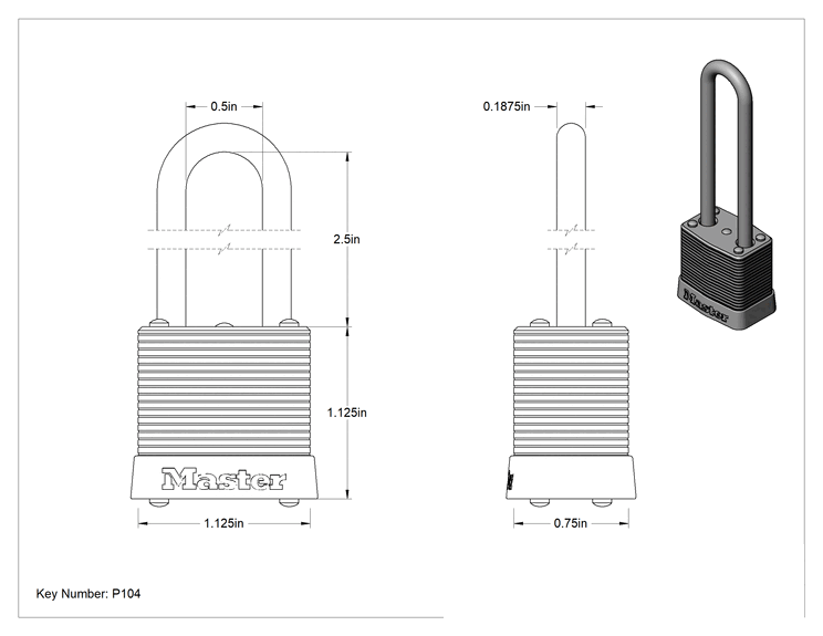Teknik Çizim - Lamine Çelik Gövdeli Asma Kilit, Master Lock 7, #, P104'e uyumlu, 2-1/2" Dikey Boşluk