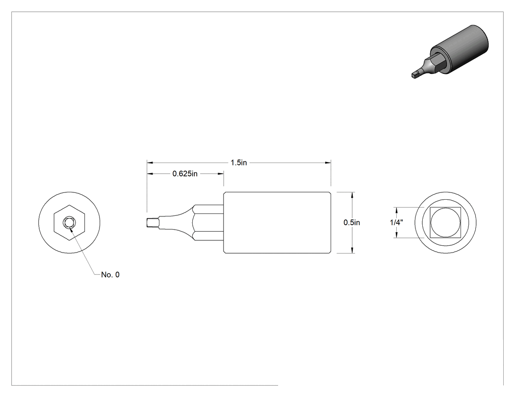 Teknik Çizim - Kare Uçlu Soket, 1/4" Kare Tahrik, 0 Numaralı Boyut, 1-1/2" Toplam Uzunluk