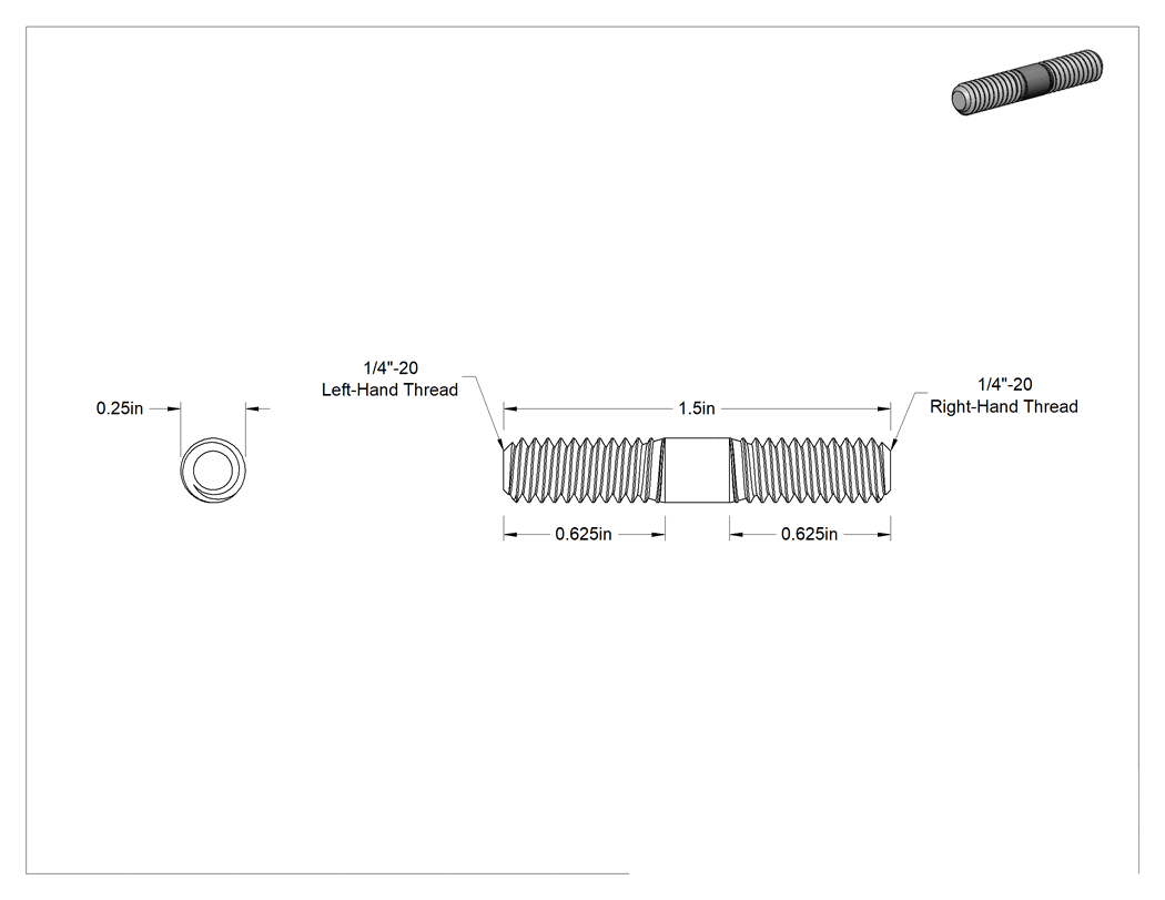 Teknik Çizim - Sol Yönlü - Sağ Yönlü Erkek Diş Adaptörü, Siyah Oksit Çelik, 1/4"-20 Diş, 1-1/2" Uzunluk