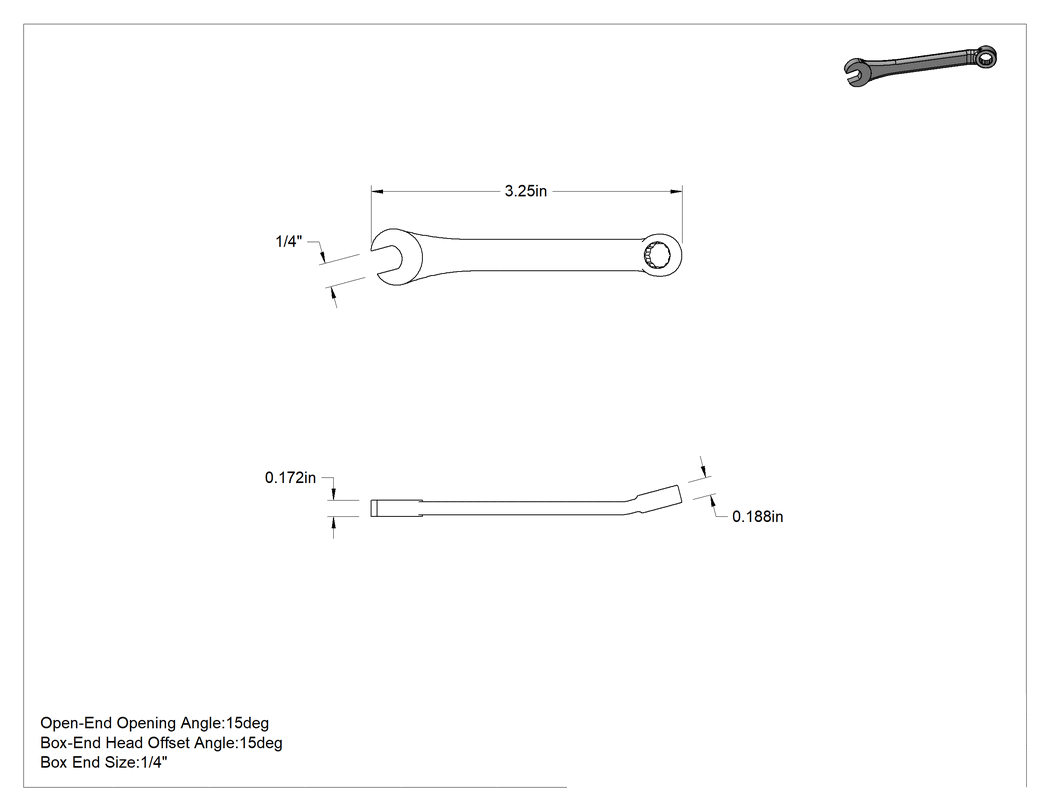 Teknik Çizim - Kısa Kombine Anahtar, 12 noktalı kutu açıklıklı, 1/4" Boyut, 3-1/4" Toplam Uzunluk