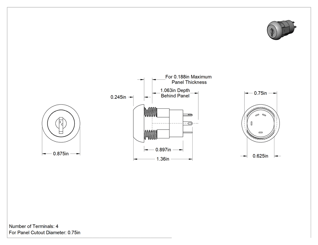 Teknik Çizim - 3/4" Panele Monte Anahtar, 3 Konum, Aynı Anahtarlı, Tırnaklı Terminalleri Olan, Merkez Çıkarma