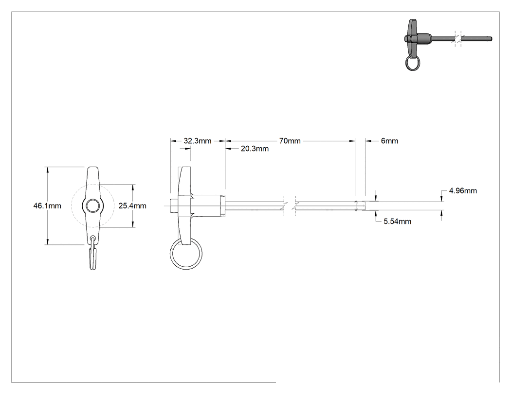 Teknik Çizim - T-Saplı Kilitli Hızlı Açma Pimi, Yarık Halkalı, 5 mm Çap, 70 mm Kullanılabilir Uzunluk