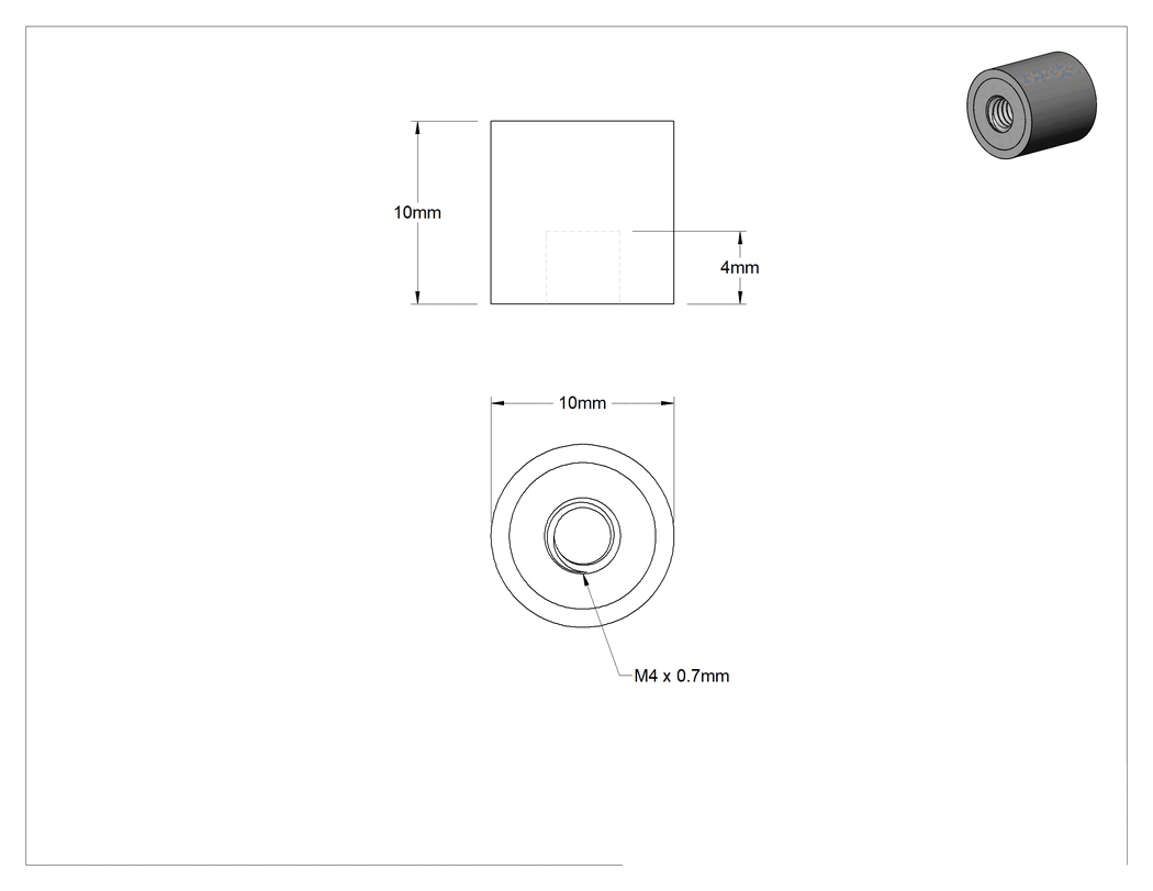 Teknik Çizim - Yük Kapasiteli Güçlendirilmiş Dişli Tampon, Doğal Kauçuk ve Paslanmaz Çelik, 4 mm Derinlikli M4 x 0.7 mm Delik, 10 mm Yükseklik