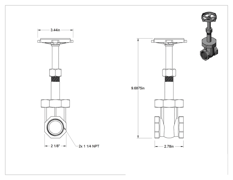 Teknik Çizim - Bronz Gövde ve Sürgülü Kademeli Açma/Kapama Vanası, Kolay Bakım, Yükselen Mil, 1-1/4 NPT Dişi