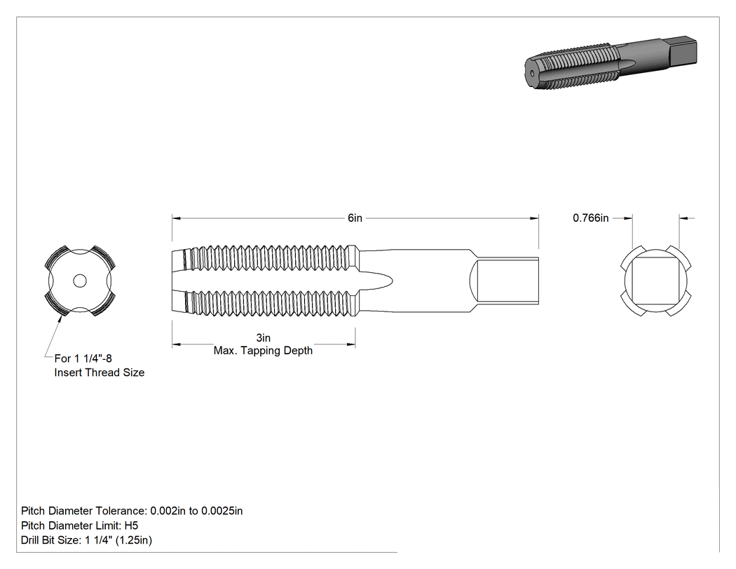 Teknik Çizim - 1-1/4"-8 Sağ Dişli Helisel Dişli Ek için Delikli Kılavuz