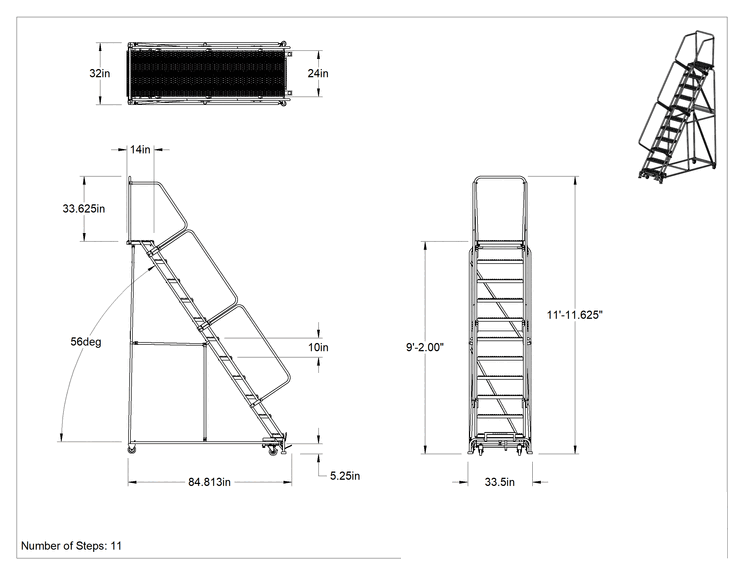 Teknik Çizim - Montajlanmamış Tırtıklı Platformlu Tekerlekli Merdiven, 11 Basamaklı, 9'2" Yükseklik x 14" Derinlik Platform, 11'11" Toplam Yükseklik