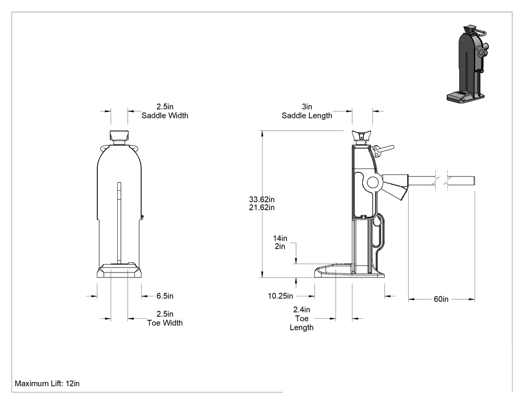 Teknik Çizim - İki Yükseklikte Cırcırlı Kriko, Demir, 10 Ton/20000 lbs. Kapasite, 12" Maksimum Kaldırma
