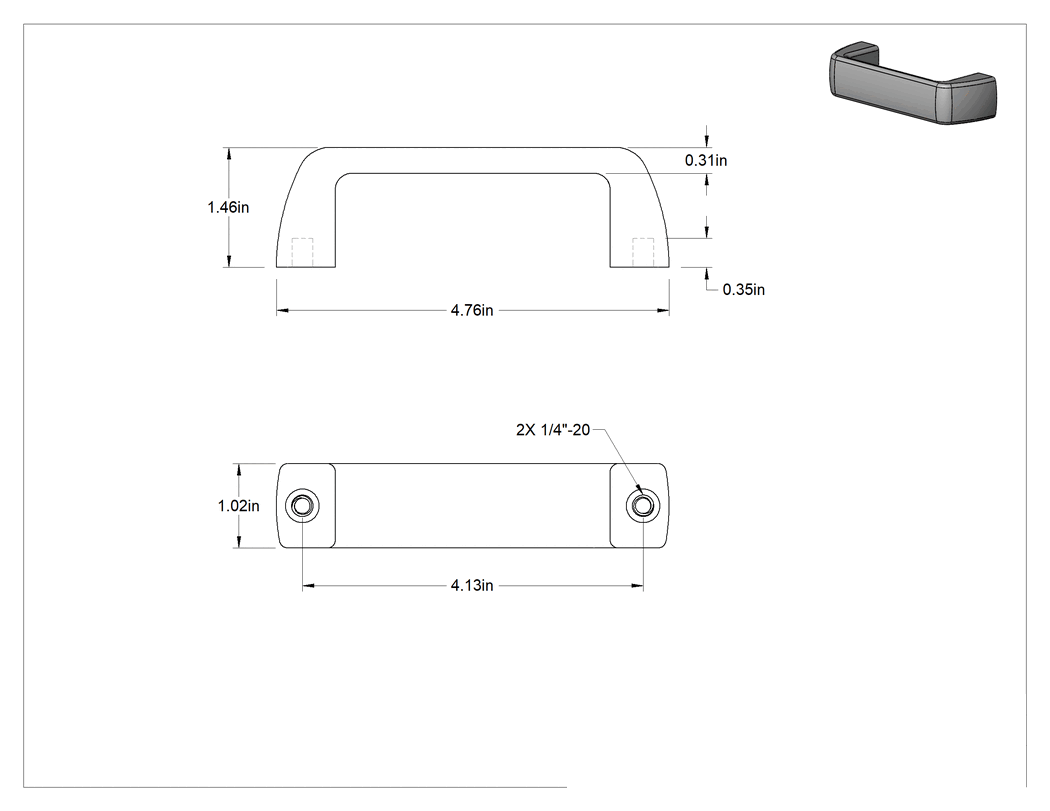 Teknik Çizim - Dişli Delikli Montajlı Siyah Plastik Çekme Kolu, Pirinç Ek Parçalı, Oval Tutamak, 4-1/8" Merkezden Merkeze Genişlik
