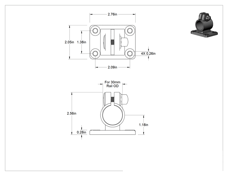 Teknik Çizim - Ağır Hizmet Tipi Kelepçeli Çerçeve, Delik İçinden Geçen Ofset Destek, 30 mm Dış Çaplı Ray, 304 Paslanmaz Çelik