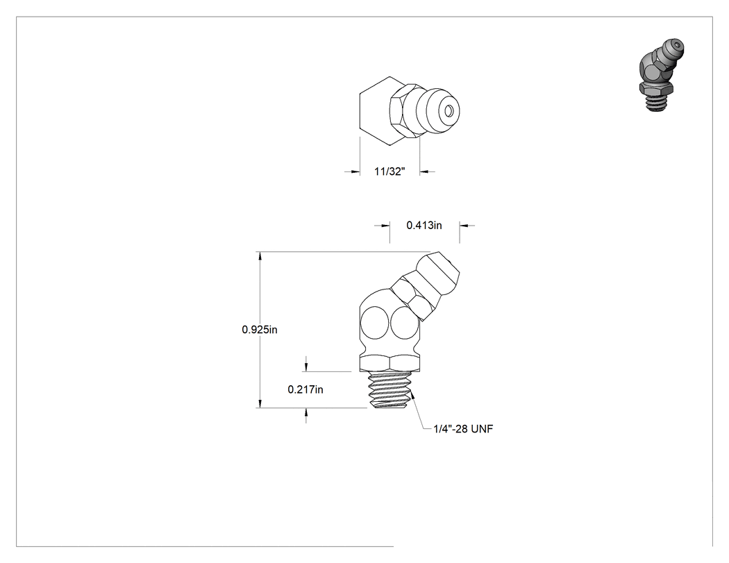 Teknik Çizim - Pirinç Gres Bağlantısı, Düz, 1/4"-28 UNF Erkek, 59/64" Toplam Yükseklik
